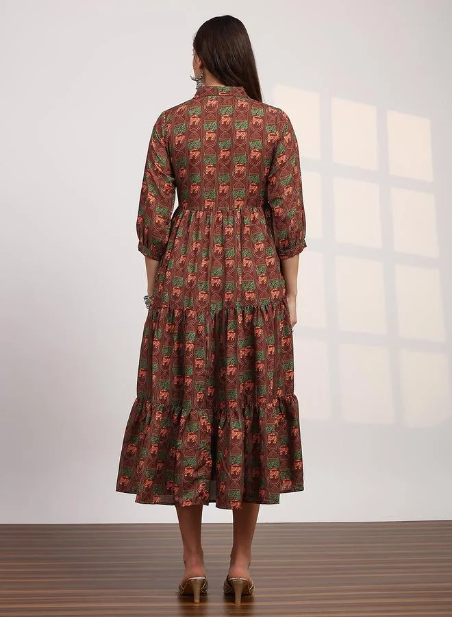 جلو باص فستان نسائي متوسط الطول بأكمام أسقفية وياقة